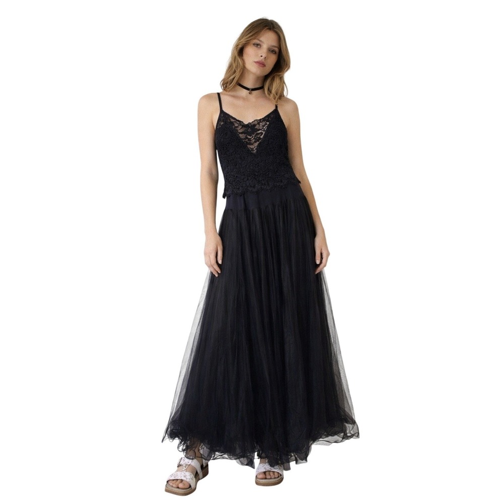 CASADIE Black Lace Bodice Tulle Maxi Dress Romantic Goth Fairy‎
